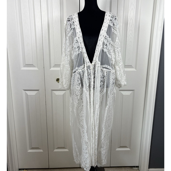 Maurice’s Peignoir Kimono Women's Size 3X White Sheer Open Front Lace Cottage - Picture 1 of 9